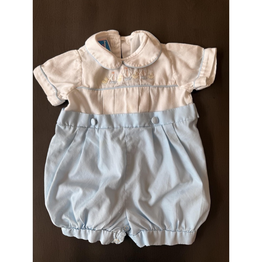 Toddle Tyke Romper Boys 0-3 Months Blue White Sailboat Duck Embroidered Made USA